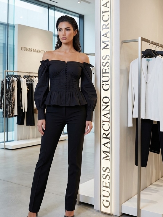 Guess by Marciano Pants - Guess by Marciano Black Off-Shoulder Peplum Top and Slim Trousers Like New ❤️